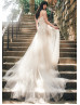 Strapless Beaded Ivory Lace Tulle Wedding Dress With Buttons